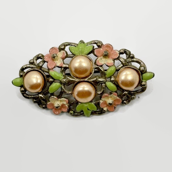 Jewelry - Flower Brooch, Enamel, Floral, Faux Pearls, Peach, Gold, Art Deco, 20s, Vintage